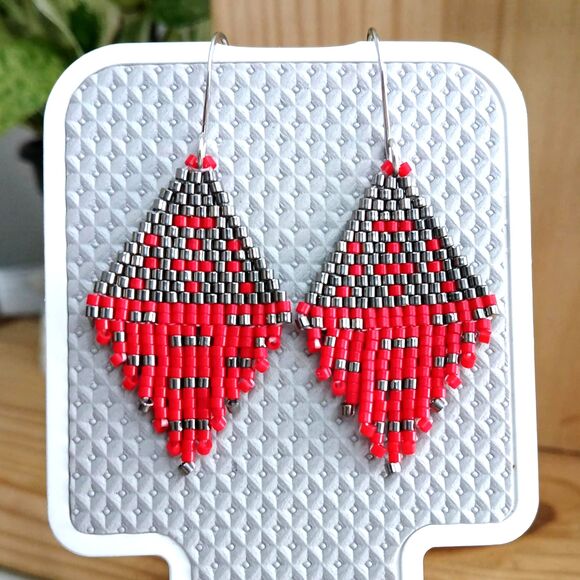 Boho Chic Beaded Fringe Dangle Earrings, Red & Grey Seed Bead Jewelry, 2" - Picture 7 of 8